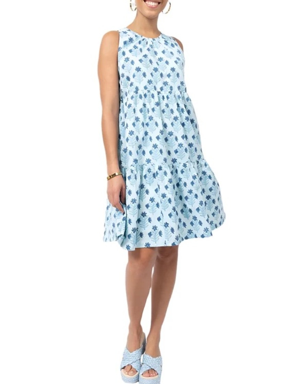 Uncle Frank 100% Cotton White and Blue Tiered Boho Bohemian Dress
